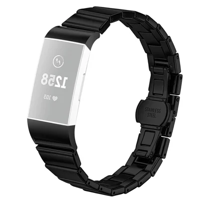 For Fitbit Charge 3 Watch Band One-bead Stainless Steel Smart Watch Bracelet with Butterfly Buckle - Black