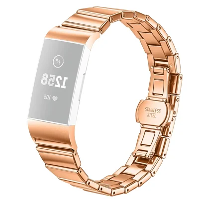 For Fitbit Charge 3 Strap One-bead Stainless Steel Replacement Metal Watch Band with Butterfly Buckle - Rose Gold