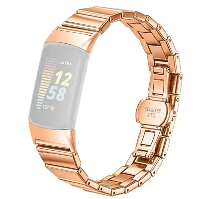For Fitbit Charge 6 / Charge 5 Strap One-bead Stainless Steel Replacement Metal Watch Band with Butterfly Buckle - Rose Gold