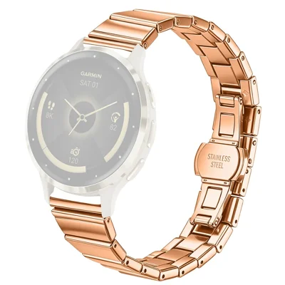 For Garmin Forerunner 265S Strap 18mm One-bead Stainless Steel Replacement Metal Watch Band with Butterfly Buckle - Rose Gold