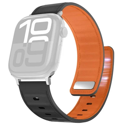 AHASTYLE BO06 Echtes Rindslederarmband für Apple Watch Series 11 10 42mm / 9 8 7 41mm / SE3 SE2 SE 6 5 4 40mm / 3 2 1 38mm, Pin-Buckle & Magnetverschluss - Schwarz+Orange