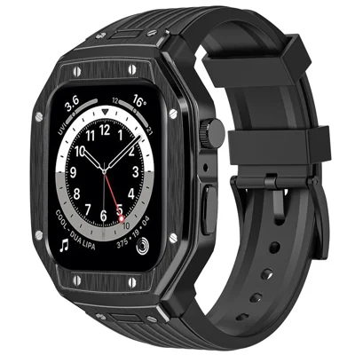 AHASTYLE WE27 Watch Band for Apple Watch Series 9 8 7 45mm / SE3 SE2 SE 6 5 4 44mm PC+TPU Integrated Strap with Aluminum Alloy Protective Case  - Black+Black