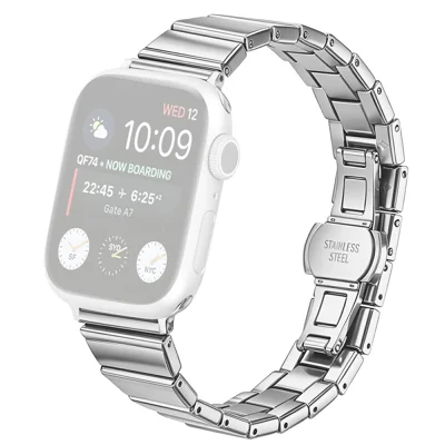 Watch Band For Apple Watch Series 12 11 10 42mm / 9 8 7 41mm / SE3 SE2 SE 6 5 4 40mm / 3 2 1 38mm , 18mm Stainless Steel One-Beaded Butterfly Clasp Metal Strap - Silver