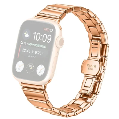Watch Band For Apple Watch Series 12 11 10 42mm / 9 8 7 41mm / SE3 SE2 SE 6 5 4 40mm / 3 2 1 38mm , 18mm Stainless Steel Butterfly Clasp Strap - Rose Gold