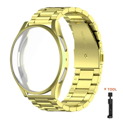 For Samsung Galaxy Watch6 40mm 3-Bead Stainless Steel Strap with TPU Full Cover Watch Case and Removal Tool - Gold