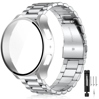 For Samsung Galaxy Watch 5 4 40mm 3-Bead Stainless Steel Band + Full Cover PC Watch Case with Removal Tool - Silver