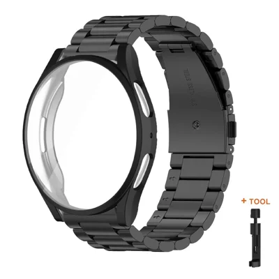 For Samsung Galaxy Watch 5 4 44mm 3-Bead Stainless Steel Strap with TPU Full Cover Watch Case and Removal Tool - Black