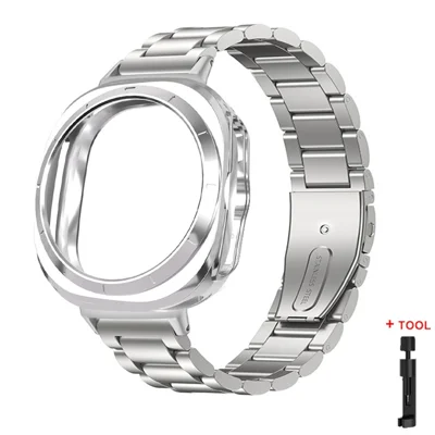 Watch Band for Samsung Galaxy Watch Ultra 47mm / Ultra (2025) 47mm 3-Bead Stainless Steel Strap with Half-wrap TPU Case and Link Remover Tool - Silver