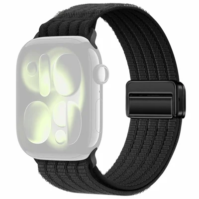 Nylon Watch Strap for Apple Watch Series 12 11 10 42mm / 9 8 7 41mm / SE3 SE2 SE 6 5 4 40mm / 3 2 1 38mm Magnetic Clasp Five Ring Band - Black