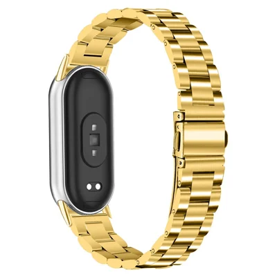 Metal Watch Band for Xiaomi Smart Band 10 / 9 / 8 Electroplating Stainless Steel Three-Bead Strap - Gold
