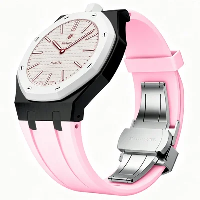 For Swatch Royal Pop Silicone Watch Band with Anti-Scratch Stainless Steel Integrated Case, 12 O'clock Direction - Black+Pink