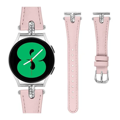For Huami Amazfit Youth Edition Watch Band 20mm Genuine Cow Leather Rhinestone Decor Strap with Silver Buckle - Pink