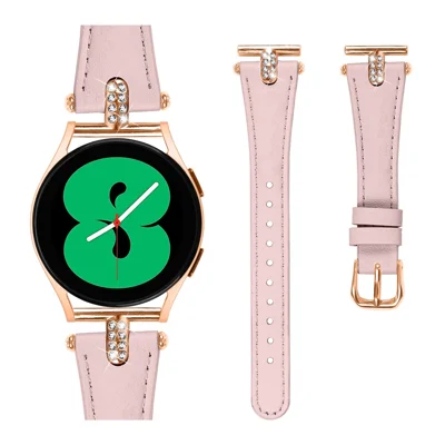 For Huami Amazfit Youth Edition Watch Band Rhinestone Decor 20mm Genuine Cow Leather Replacement Bracelet with Rose Gold Buckle - Pink
