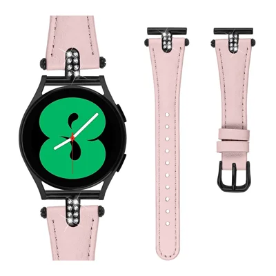 For Huami Amazfit Youth Edition Strap 20mm Genuine Cow Leather Rhinestone Decor Watch Band with Black Buckle - Pink