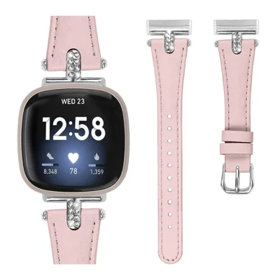 For Fitbit Versa 4 / Sense 2 Watch Band Genuine Cow Leather Rhinestone Decor Strap with Silver Buckle - Pink