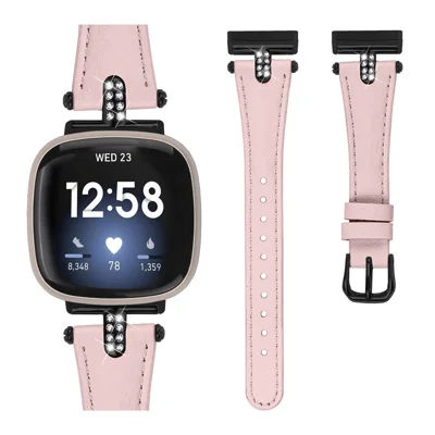 For Fitbit Versa 4  /  Sense 2 Strap Genuine Cow Leather Rhinestone Decor Watch Band with Black Buckle - Pink