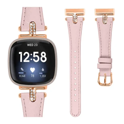 For Fitbit Versa 4 / Sense 2 Watch Band Rhinestone Decor Genuine Cow Leather Replacement Bracelet with Rose Gold Buckle - Pink