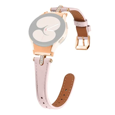 Watch Band for Samsung Galaxy Watch7 40mm 44mm / Watch6 40mm 44mm , Rhinestone Decor Genuine Cow Leather Strap with T-Shaped Professional Connector and Rose Gold Buckle - Pink