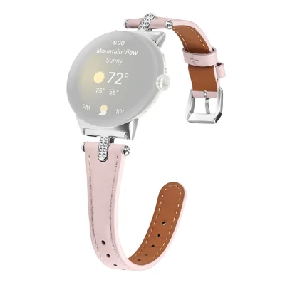 Watch Band For Google Pixel Watch 5 / Watch 4 / Watch 3 / Watch 2 / Watch 41mm , Genuine Cow Leather Rhinestone Decor Strap with Silver Buckle - Pink