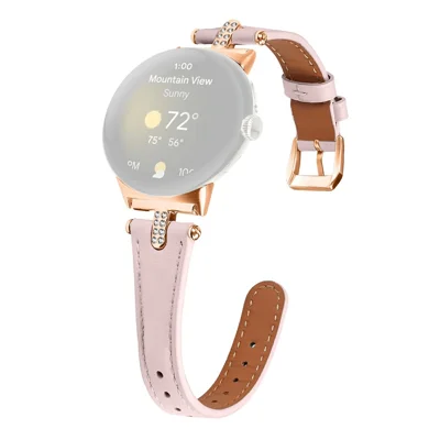 Watch Band For Google Pixel Watch 5 / Watch 4 / Watch 3 / Watch 2 / Watch 41mm , Rhinestone Decor Genuine Cow Leather Replacement Bracelet with Rose Gold Buckle - Pink