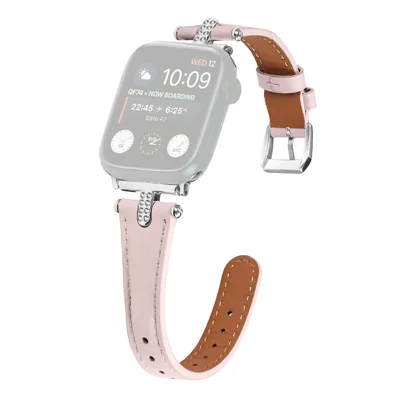 Watch Band For Apple Watch Ultra 4 3 2 1 49mm / Series 12 11 10 46mm / 9 8 7 45mm / SE3 SE2 SE 6 5 4 44mm / 3 2 1 42mm , Genuine Cow Leather Rhinestone Decor Strap with Silver Buckle - Pink