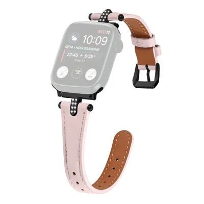 Watch Strap For Apple Watch Ultra 4 3 2 1 49mm / Series 12 11 10 46mm / 9 8 7 45mm / SE3 SE2 SE 6 5 4 44mm / 3 2 1 42mm , Genuine Cow Leather Rhinestone Decor  Band with Black Buckle - Pink