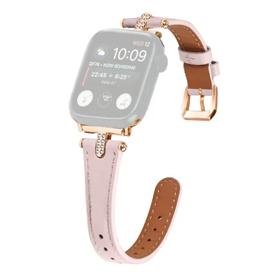 Watch Band For Apple Watch Ultra 4 3 2 1 49mm / Series 12 11 10 46mm / 9 8 7 45mm / SE3 SE2 SE 6 5 4 44mm / 3 2 1 42mm ,  Rhinestone Decor Genuine Cow Leather Replacement Bracelet with Rose Gold Buckle - Pink