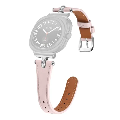 Watch Band For Samsung Galaxy Watch Ultra2 47mm / Watch Ultra (2025) 47mm / Watch Ultra2 47mm , Genuine Cow Leather Rhinestone Decor Strap with Silver Buckle - Pink