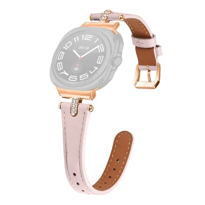 Watch Band For Samsung Galaxy Watch Ultra2 47mm / Ultra (2025) 47mm / Watch Ultra 47mm ,  Rhinestone Decor Genuine Cow Leather Replacement Bracelet with Rose Gold Buckle - Pink