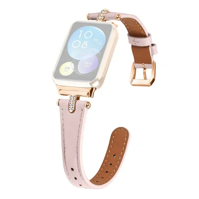 Watch Band For Xiaomi Smart Band 10 Pro / 9 Pro / 8 Pro / Redmi Watch 6 / Watch 5 / Watch 4 , Rhinestone Decor Genuine Cow Leather Replacement Bracelet with Rose Gold Buckle - Pink