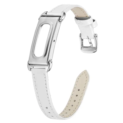 Voor Google Fitbit Air Echt Leren Horlogeband met Horlogehouder Verstelbaar Band met Zilveren Gesp - Wit