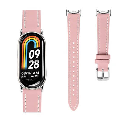 حزام ساعة من جلد البقر الأصلي متوافق مع Xiaomi Smart Band 10 / 9 / 8، حزام بديل قابل للتعديل مع إبزيم أسود - وردي