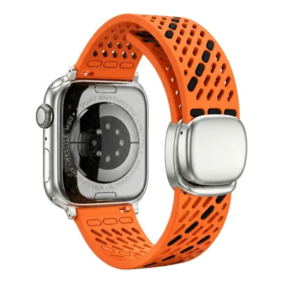 Silicone Watch Strap for Apple Watch Series 12 11 10 42mm  /  9 8 7 41mm  /  SE3 SE2 SE 6 5 4 40mm  /  3 2 1 38mm Magnetic Clasp Breathable Ventilation Holes Band - Orange+Black