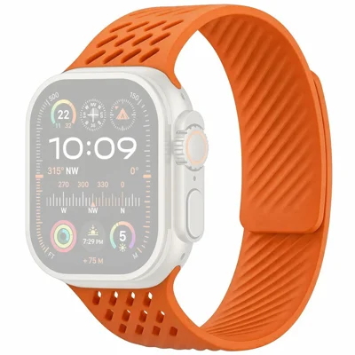 Magnetic Watch Strap for Apple Watch Series 12 11 10 42mm  /  9 8 7 41mm  /  SE3 SE2 SE 6 5 4 40mm  /  3 2 1 38mm Hollow Twill Texture Silicone Watchband - Orange