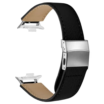 Watch Strap For Xiaomi Smart Band 10 Pro  /  9 Pro  /  8 Pro Litchi Texture Genuine Cow Leather Wrist Band with 14mm Silver Connector Turtle Back Buckle - Black