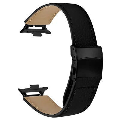Watch Strap For Xiaomi Smart Band 10 Pro  /  9 Pro  /  8 Pro Litchi Texture Genuine Cow Leather Wrist Band with 14mm Black Connector Turtle Back Buckle - Black