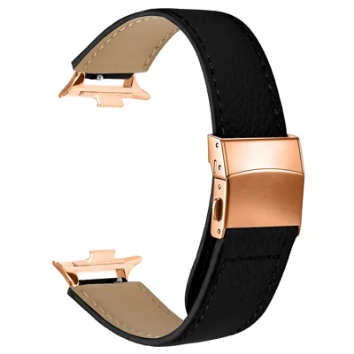 Watch Strap For Xiaomi Smart Band 10 Pro  /  9 Pro  /  8 Pro Litchi Texture Genuine Cow Leather Wrist Band with 14mm Rose Gold Connector Turtle Back Buckle - Black