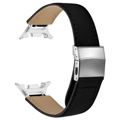Watch Strap For Samsung Galaxy Watch9 44mm  /  40mm  /  Watch8 Classic 46mm  /  Watch8 44mm  /  40mm Litchi Texture Genuine Cow Leather Wrist Band with 14mm Silver Connector Turtle Back Buckle - Black