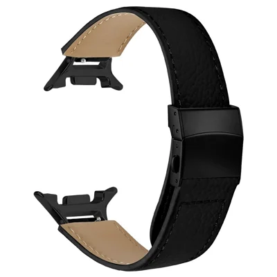 Watch Strap For Samsung Galaxy Watch9 44mm  /  40mm  /  Watch8 Classic 46mm  /  Watch8 44mm  /  40mm Litchi Texture Genuine Cow Leather Wrist Band with 14mm Black Connector Turtle Back Buckle - Black