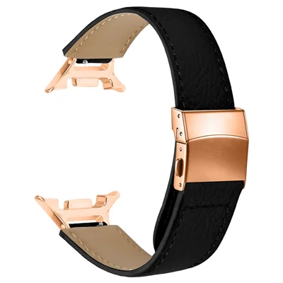 Watch Strap For Samsung Galaxy Watch9 44mm  /  40mm  /  Watch8 Classic 46mm  /  Watch8 44mm  /  40mm Litchi Texture Genuine Cow Leather Wrist Band with 14mm Rose Gold Connector Turtle Back Buckle - Black