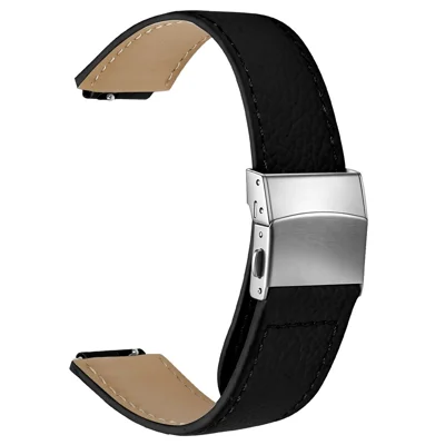 For Garmin CIRQA Smart Band Watch Strap Litchi Texture Genuine Cow Leather Wrist Band with 14mm Silver Connector Turtle Back Buckle - Black