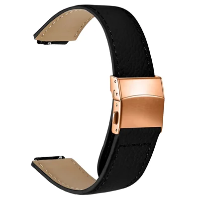 For Garmin CIRQA Smart Band Watch Strap Litchi Texture Genuine Cow Leather Wrist Band with 14mm Rose Gold Connector Turtle Back Buckle - Black