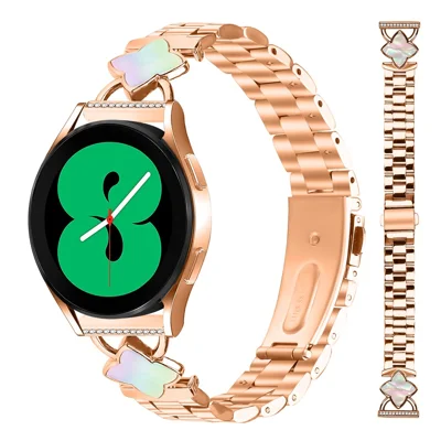 For Samsung Galaxy Watch 42mm Strap Stainless Steel 3-Bead Rhombus Shell Replacement Metal Watch Band - Rose Gold