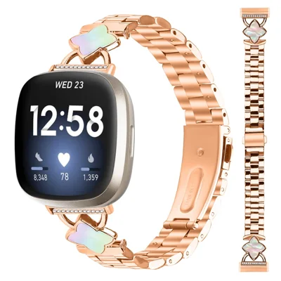 Watch Strap for Fitbit Versa 4 / Versa 3 / Sense 2 / Sense , Stainless Steel 3-Bead Rhombus Shell Replacement Metal Band - Rose Gold