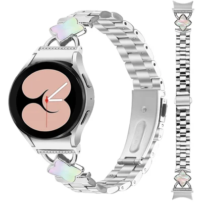Watch Band with Professional Connector for Samsung Galaxy Watch 7 / Watch 6 / Watch 5 / Watch4 , 3-Bead Stainless Steel Rhombus Shell Watch Strap - Silver