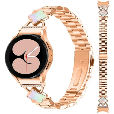 Watch Strap with Quick-Release Connector for Samsung Galaxy Watch7 / Watch6 / Watch5 / Watch4 , 3-Bead Rhombus Shell Stainless Steel Band - Rose Gold