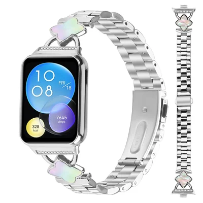 Uhrenarmband für Xiaomi Smart Band 10 Pro / Band 9 Pro / Band 8 Pro / Watch 6 / Watch 5 / Watch 4, poliertes Edelstahl-Armband mit dreigliedrigem Rhombus-Design und Muschelverzierung – Silber