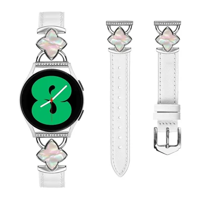 20mm Watch Band for Samsung Galaxy Watch4 Active 40mm / 44mm / Watch4 Classic 42mm , Genuine Cow Leather Pointed Tail Strap with Silver Rhombus Decor - White