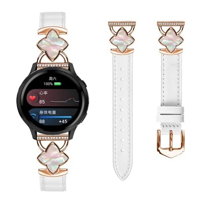 Watch Strap for Garmin vivoactive 5 / GarminActive 5 , Genuine Cow Leather Pointed Tail Band with Rose Gold Rhombus Decor - White