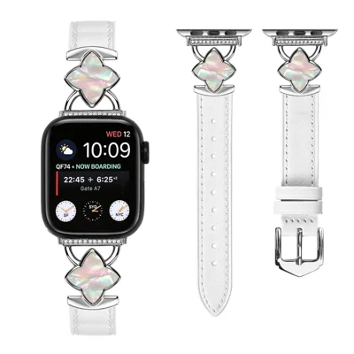 Watch Band for Apple Watch Series 12 11 10 42mm / 9 8 7 41mm / SE3 SE2 SE 6 5 4 40mm / 3 2 1 38mm , Genuine Cow Leather Pointed Tail Strap with Silver Rhombus Decor - White